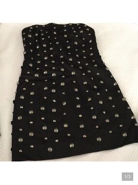 Bebe Strapless Black satin mini Dress with gunmetal silver Stud Y2K